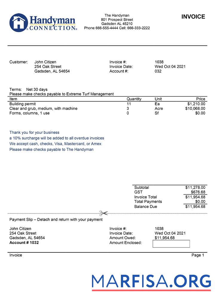 Downloadable USA Handyman Home Service Company invoice template